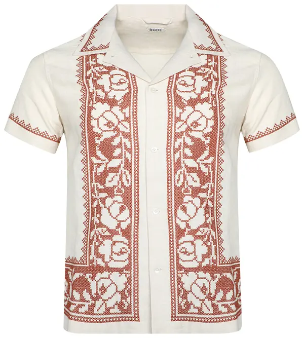 Bode Cross Stitched Rose Garland Short-Sleeve Shirt 'Brown/White'