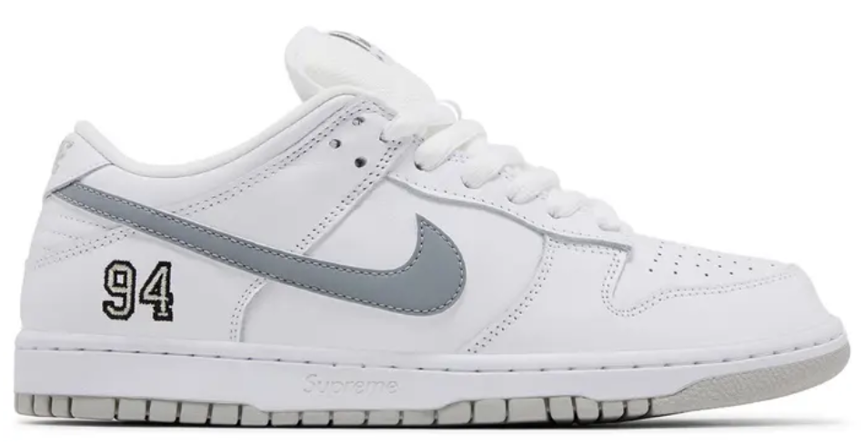 Nike SB Dunk Low Supreme 94 White Metallic Silver
